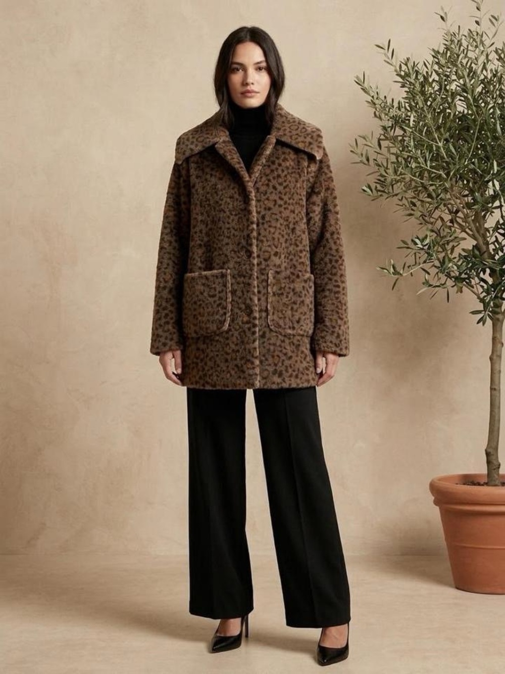 DAVI & DANI Leopard-Print Brown Coat